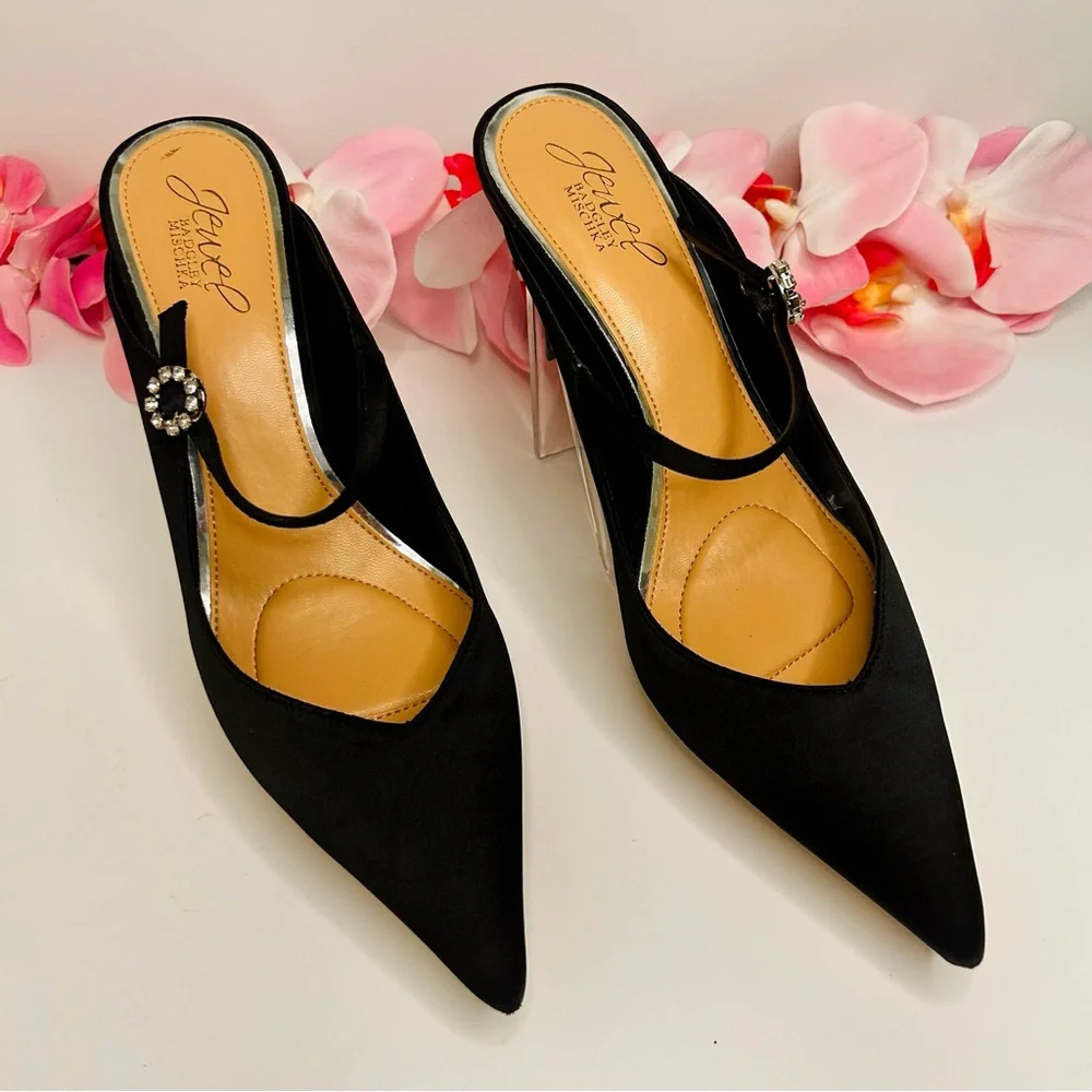 Jewel Badgley Mischka | Kaylin Pointed Toe Mule - Black Satin Heels (Size 8.5) - Picture 8 of 16